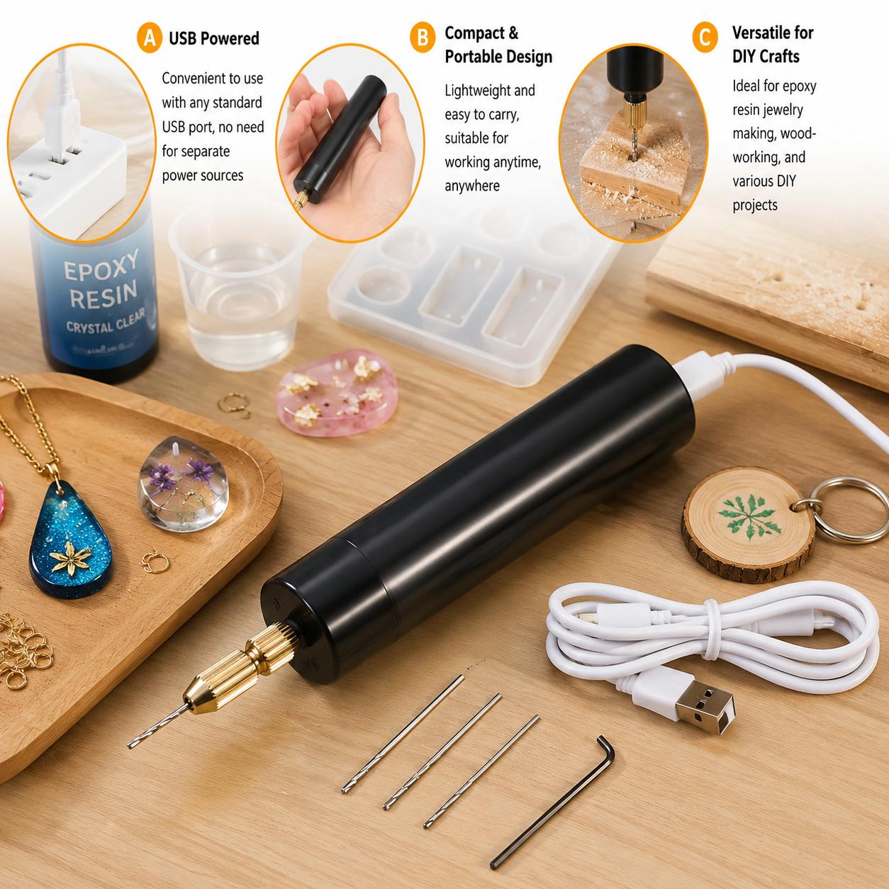 Resin Art A Keychain - Mini Furadeira Elétrica Portátil USB, Ferramenta
